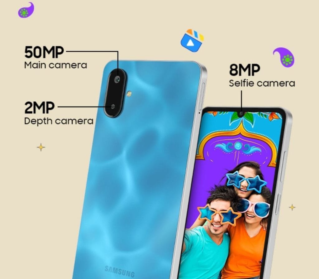 Samsung Galaxy F06 Confirmed to Launch in India on February 12th, 2025 4 A promotional image highlighting the Samsung Galaxy F06's camera features. The image shows the phone's rear camera (50MP main and 2MP depth) and a sample selfie taken with the 8MP front camera. The selfie shows three friends wearing star-shaped sunglasses against a colorful background.