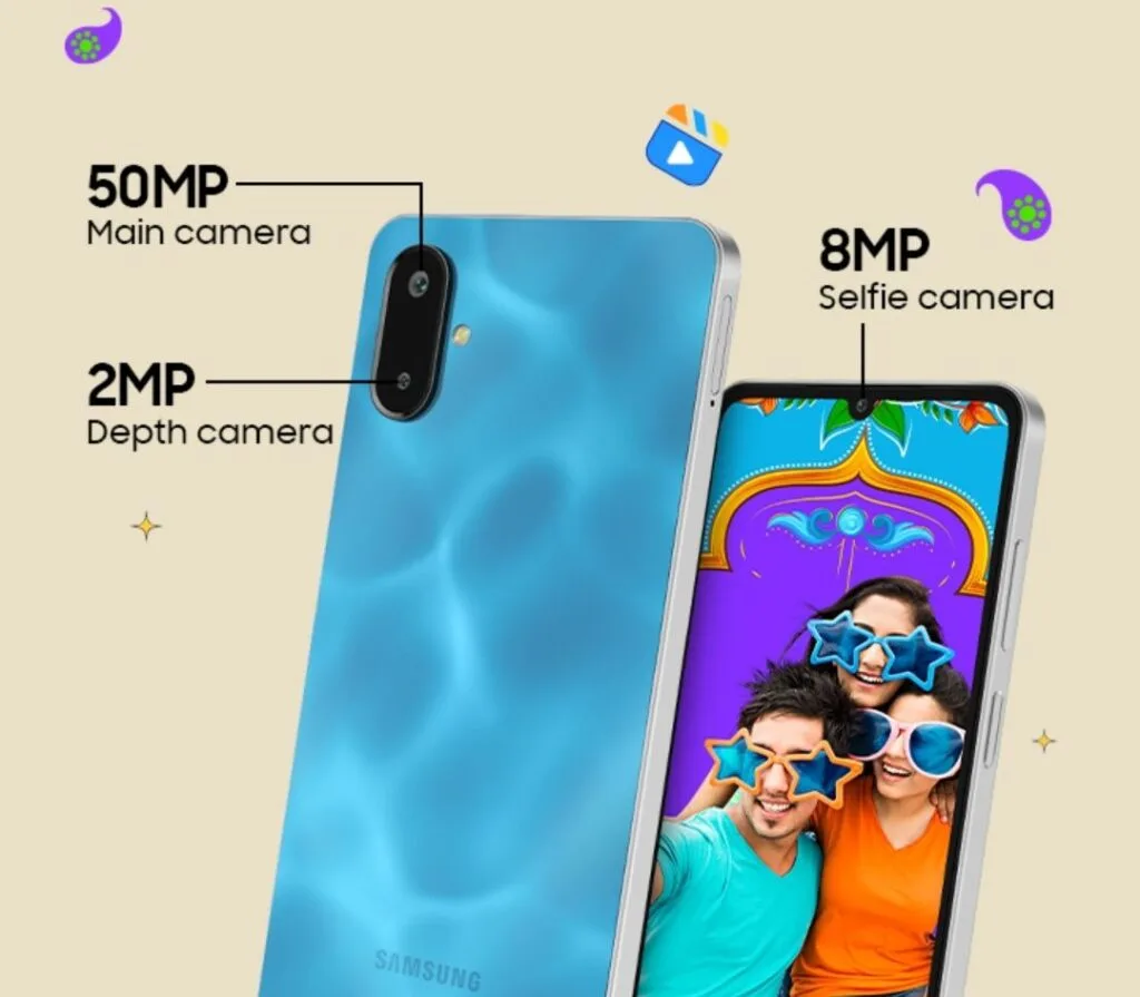 Samsung Galaxy F06 Confirmed to Launch in India on February 12th, 2025 4 A promotional image highlighting the Samsung Galaxy F06's camera features. The image shows the phone's rear camera (50MP main and 2MP depth) and a sample selfie taken with the 8MP front camera. The selfie shows three friends wearing star-shaped sunglasses against a colorful background.
