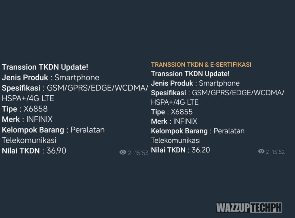 Infinix Note 50 Series Confirmed to Launch on March 3, 2025 5 Image showing details of the Indonesian TKDN certification for two Infinix note 50 series smartphone models (X6858 and X6855). Information includes product type, specifications, and TKDN value.