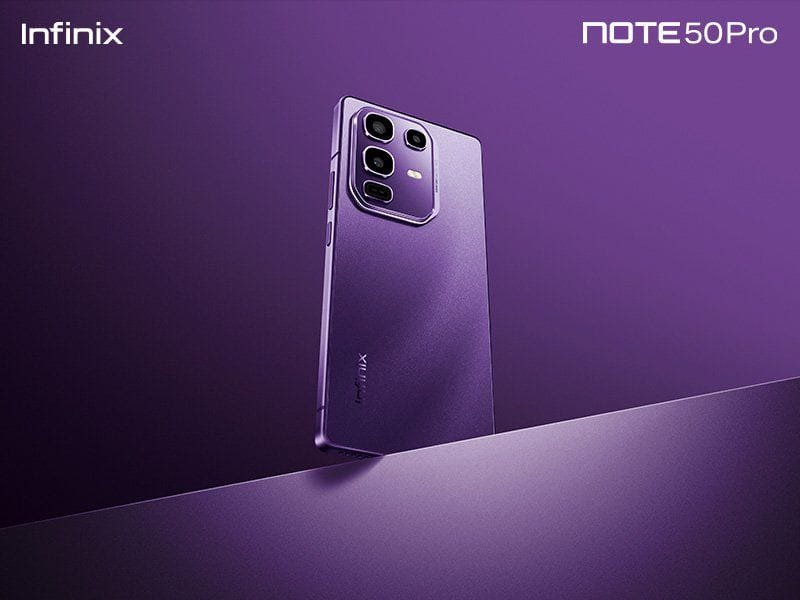 Infinix Note 50 Series Confirmed to Launch on March 3, 2025 2 A purple Infinix Note 50 Pro smartphone is partially resting on a matching purple surface. The phone's rear camera module is visible.