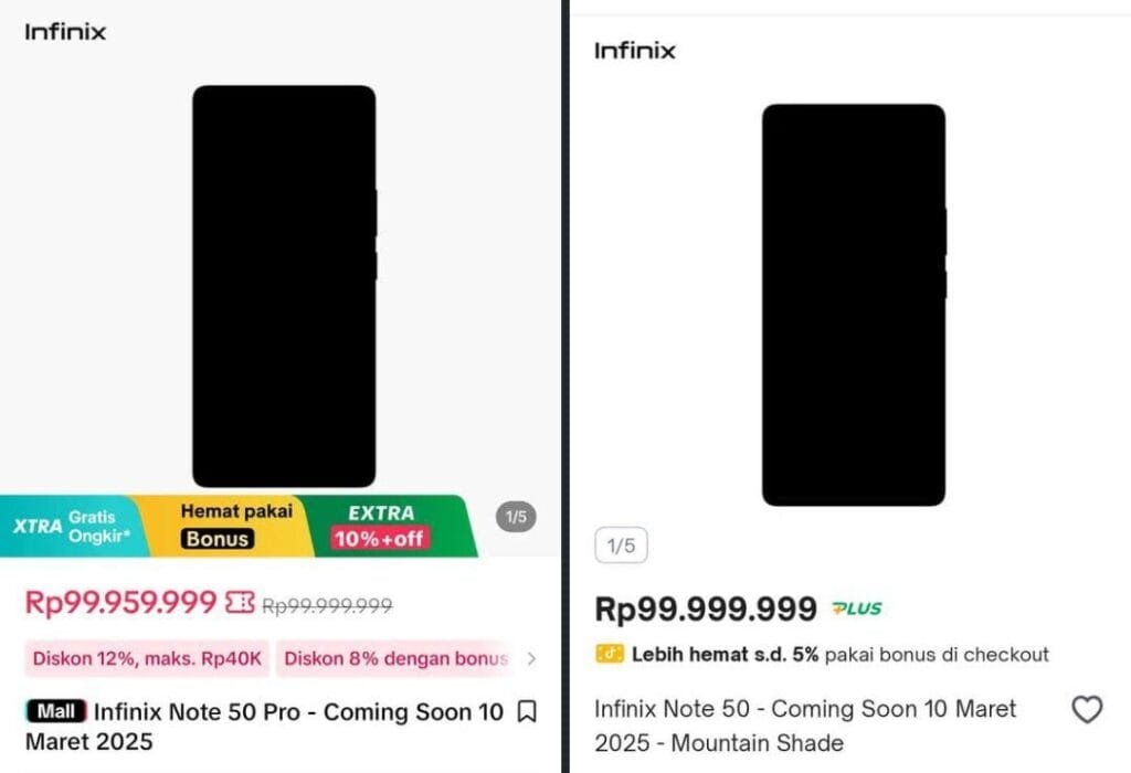 Infinix Note 50 Series Confirmed to Launch on March 3, 2025 6 Two screenshots of Indonesian e-commerce listings for the Infinix Note 50 and Note 50 Pro smartphones. The phone images are blacked out, and prices, along with pre-order information and release dates (March 2025) are displayed.