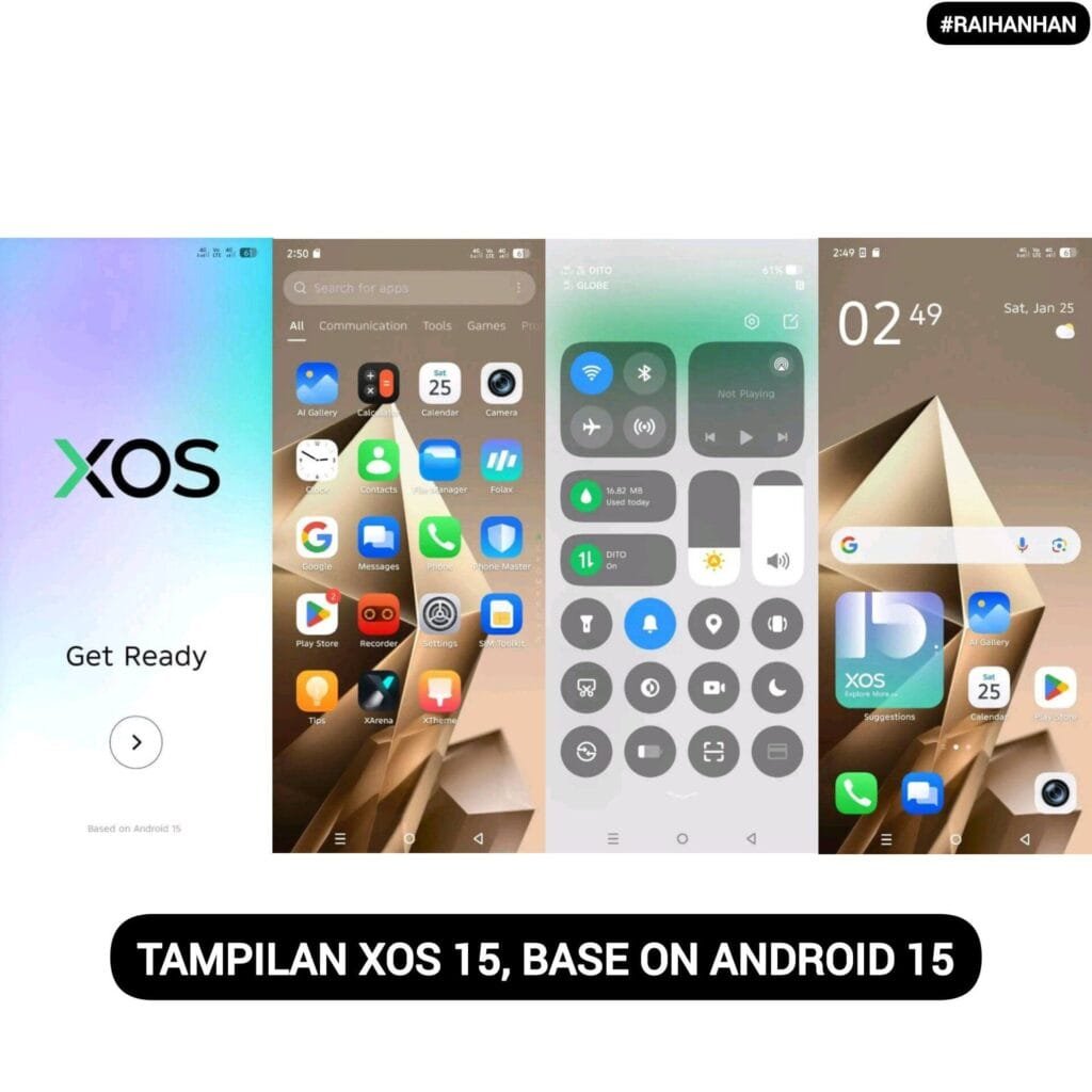 Infinix Note 50 Series Confirmed to Launch on March 3, 2025 4 Multiple screenshots displaying various aspects of the XOS 15 interface on a smartphone, including the home screen, app drawer, and notification shade. The interface is based on Android 15.