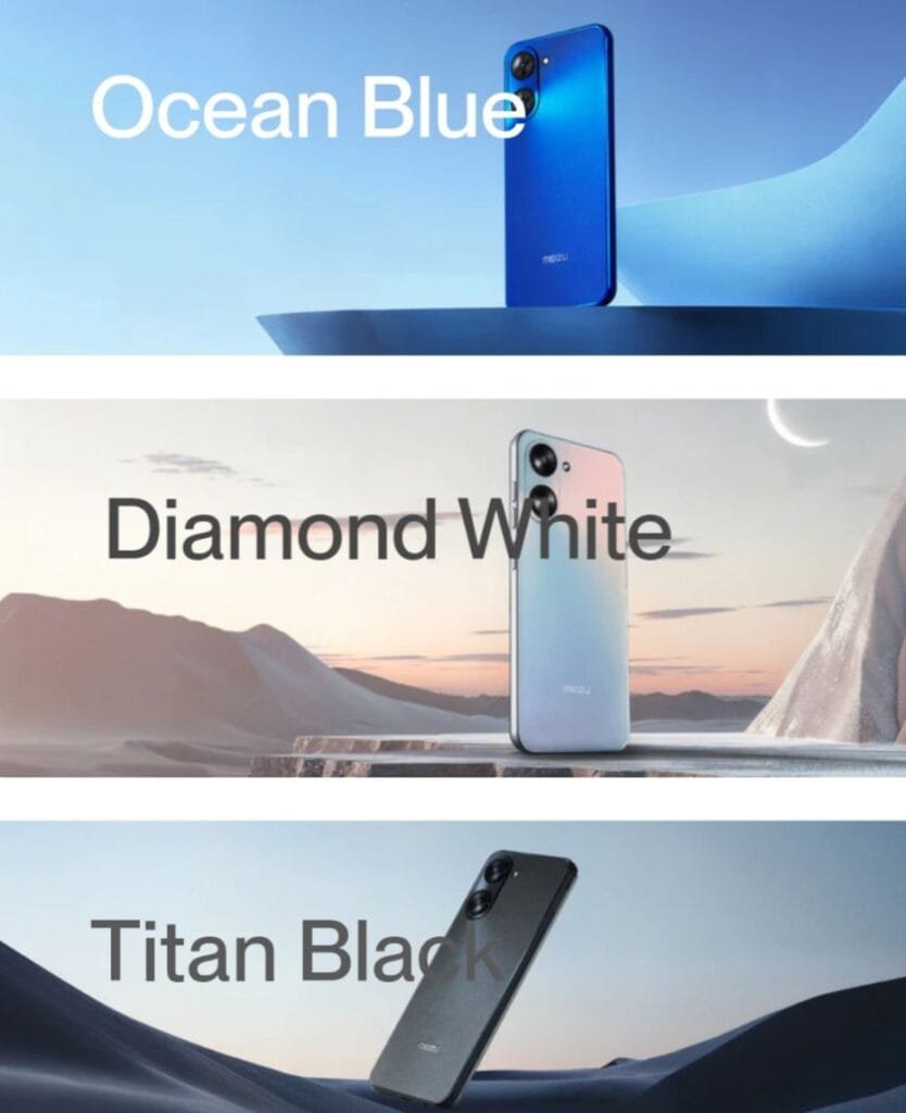 Product shots of the Meizu mBlu 21 smartphone showcasing its three available colors: a vibrant Ocean Blue, a sleek Diamond White, and a sophisticated Titan Black. Each phone is displayed against a different background.
