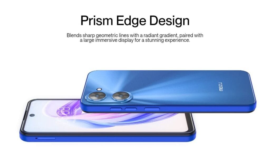 A promotional image highlighting the Meizu mBlu 21's "Prism Edge Design." The image shows the phone from an angled perspective, emphasizing its sharp geometric lines, radiant gradient finish, and large immersive display.