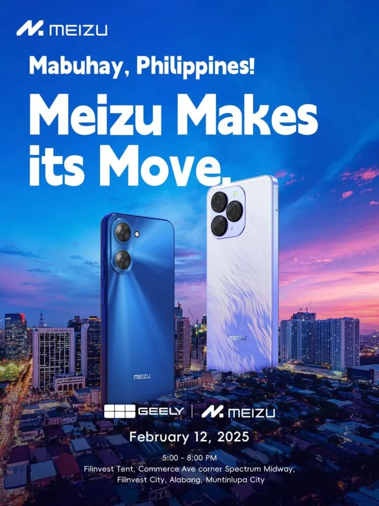 Meizu Coming Back to the Philippine Market. A promotional image for the return of Meizu phones to the Philippines. The image features two Meizu phones, one blue and one purple, prominently displayed against a backdrop of the Manila skyline at sunset. The text "Meizu Makes its Move" is large and bold, along with the date and location of a launch event: February 12, 2025, at Filinvest Tent in Alabang, Muntinlupa City. The Geely and Meizu logos are also visible. The overall impression is one of excitement and anticipation for the brand's return to the Philippine market.