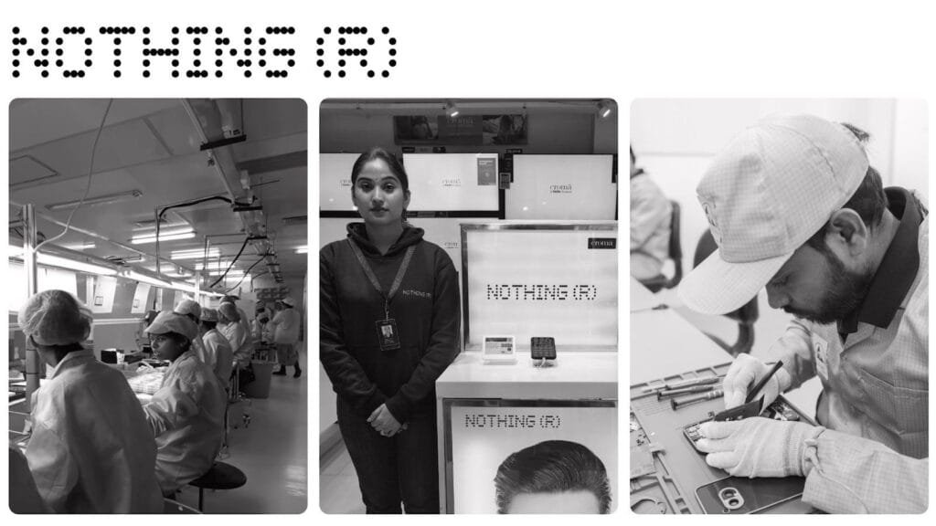 Nothing Phone 3a Series Will Be Manufactured in India 2 A black and white triptych shows the manufacturing process of the Nothing Phone 3a series in India. The left panel depicts a factory assembly line with workers assembling the phones. The center panel shows a female employee standing proudly in front of a display showcasing the phone. The right panel shows a male worker meticulously assembling a phone component. The overall image conveys a sense of precision, teamwork, and the 'Made in India' aspect of the phone's production.