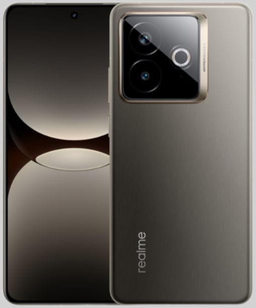 Realme GT 7 Pro Racing Edition A close-up shot showcasing the Realme GT 7 Pro Racing Edition smartphone. The image displays both the front and back of the phone, highlighting its sleek design and camera module. The phone's back features the Realme logo. The color is a dark grayish-gold.