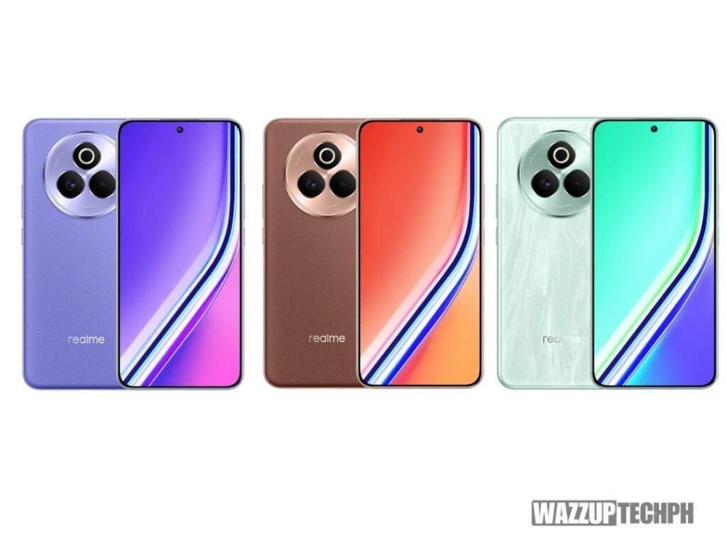 The image shows three Realme P3 Pro 5G smartphones in different colors: a light purple/pink gradient, a copper/orange gradient, and a light green/blue gradient. Each phone displays a circular camera module on the back with three lenses and the "realme" logo. The phones are shown from both the front and back, showcasing their design and color variations.
