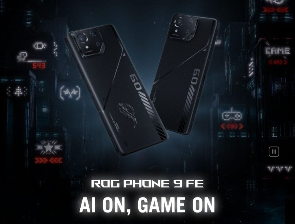 The image is a promotional shot of the ASUS ROG Phone 9 FE. Two ROG Phone 9 FE devices are shown against a backdrop of a futuristic cityscape with neon lights and game-related imagery. The tagline "AI ON, GAME ON" is prominently displayed.