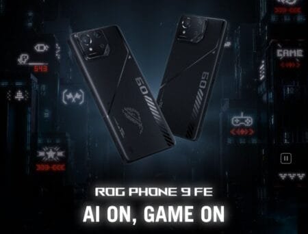 ASUS Launches ROG Phone 9 FE in Thailand for THB 29,990 The image is a promotional shot of the ASUS ROG Phone 9 FE. Two ROG Phone 9 FE devices are shown against a backdrop of a futuristic cityscape with neon lights and game-related imagery. The tagline "AI ON, GAME ON" is prominently displayed.
