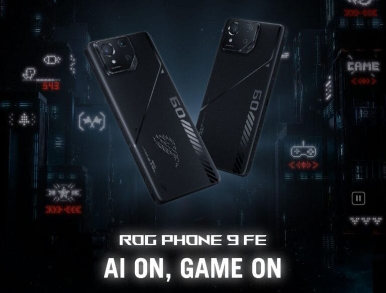ASUS Launches ROG Phone 9 FE in Thailand for THB 29,990 The image is a promotional shot of the ASUS ROG Phone 9 FE. Two ROG Phone 9 FE devices are shown against a backdrop of a futuristic cityscape with neon lights and game-related imagery. The tagline "AI ON, GAME ON" is prominently displayed.
