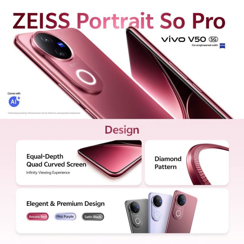 A promotional image showcasing the Vivo V50 5G phone.The main focus is on the phone's design, highlighting its sleek, curved quad screen, and the unique circular camera module with ZEISS optics. The image also shows the phone in three colors: Ancora Red, Mist Purple, and Satin Black, emphasizing its elegant and premium design. The text "ZEISS Portrait So Pro" is prominently displayed, along with details about the phone's screen and camera features.