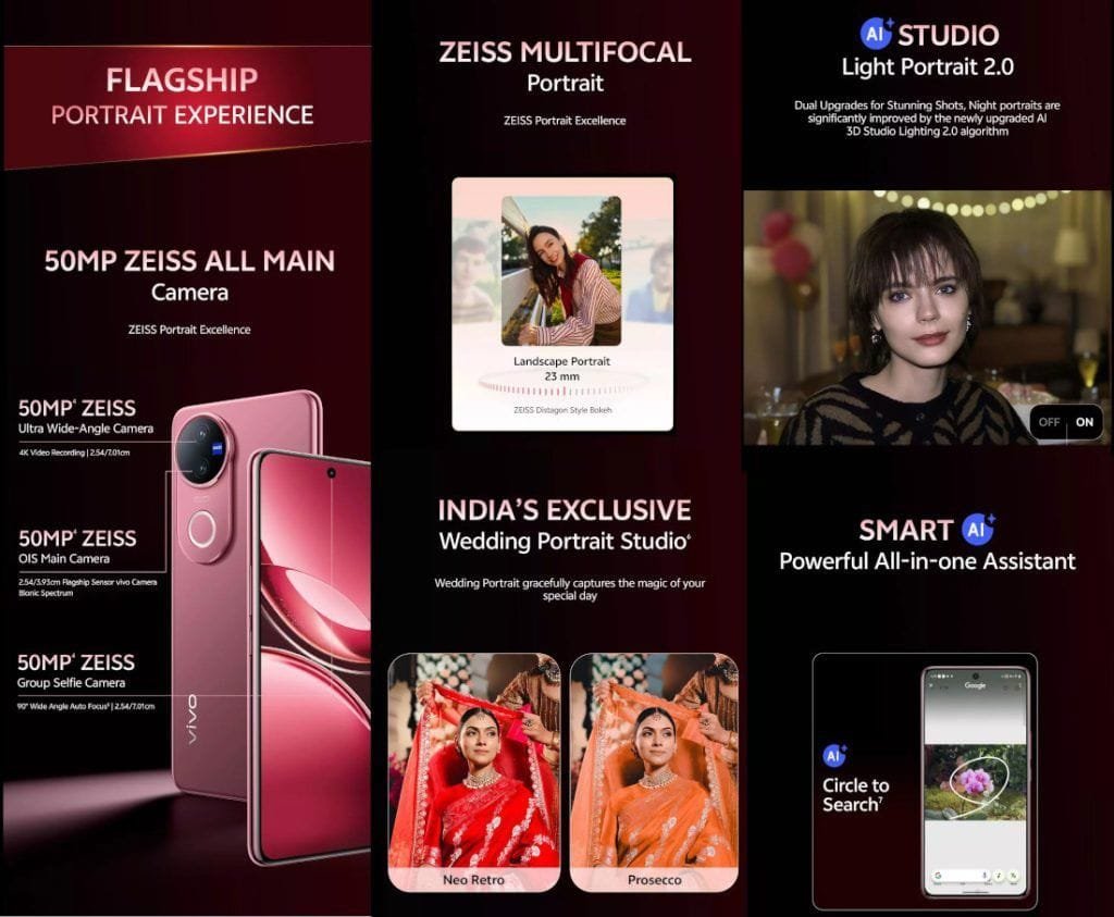 A promotional image highlighting the Vivo V50's camera system. The image shows the phone, sample photos taken with its 50MP main camera and ultrawide lens, and details about ZEISS optics, AI Studio Light Portrait 2.0, and a special "Wedding Portrait Studio" feature.