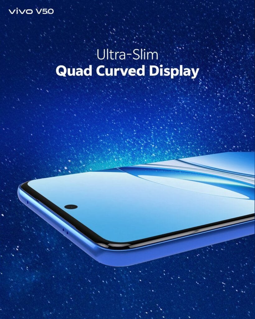 A blue Vivo V50 smartphone is shown at a slight angle against a dark blue, star-dusted background. The phone's ultra-slim, quad-curved display is the focal point of the image, emphasizing its sleek design.