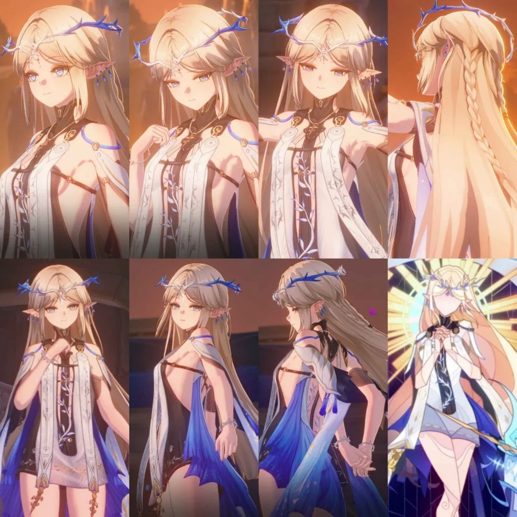 Wuthering Waves Version 2.2 Reveals New Weekly Boss 2 A collage of eight images showcasing different angles and outfits of Cartethyia, a character from the video game Wuthering Waves Version 2.2. The images depict her in various poses, highlighting her design details such as a crown-like headpiece, blue accents, and flowing clothing. One image shows her in a more radiant, almost angelic, pose.