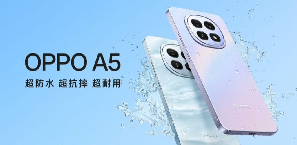 Oppo A5 5G Launched in China: IP69 rating, Snapdragon 6 Gen 1, and 6500mAh battery Two Oppo A5 5G smartphones, partially submerged in water, highlighting their water-resistant features. The phones are light blue and purple.