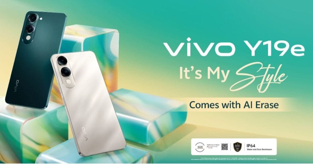 Vivo Y19e 4G Launched in India: 6.74″ HD+ LCD, Unisoc T7225, and 5,000mAh Battery w/ 15W Two Vivo Y19e 4g smartphones, one teal and one light gold, are displayed against a stylized background of translucent blocks. The phone's sleek design is highlighted, along with its IP64 water and dust resistance and AI Erase feature. The text "Vivo Y19e, It's My Style, Comes with AI Erase" is prominently featured.