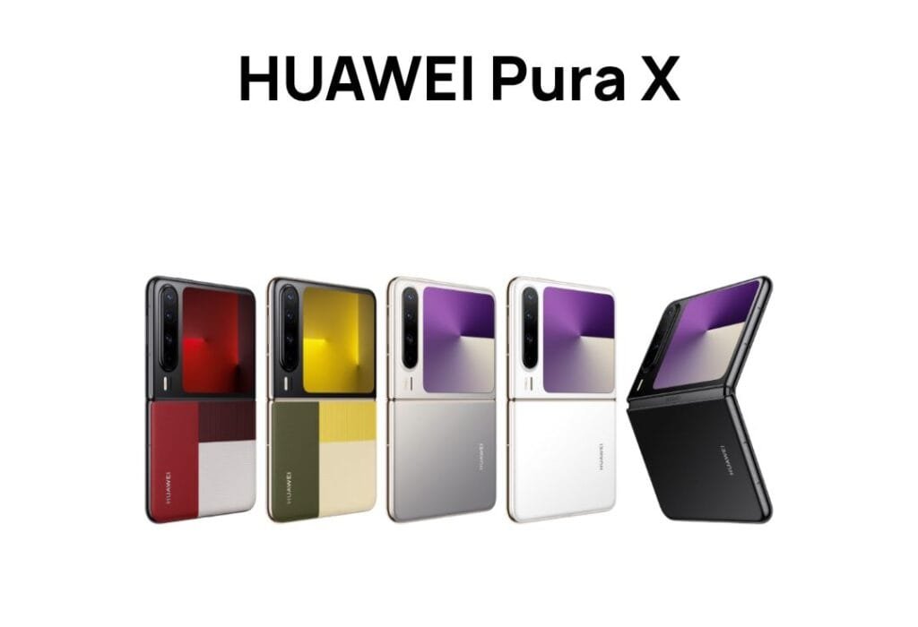 Huawei Pura X Clamshell Foldable Smartphone Launched in China Product shot of the Huawei Pura X foldable smartphone, showing the device in various color options and its dual-screen design.