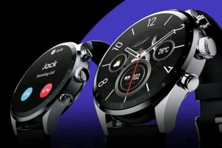 Tecno Watch Pro 2 Now Available in the Philippines, Priced at PHP 1,819 A Tecno Watch Pro 2 with a black face with a red second hand on a black band. The watch face shows the time, date, temperature, and heart rate. The watch is positioned in the center of the image with a second Tecno Watch Pro 2 in the background. The background is a gradient of blue and purple.