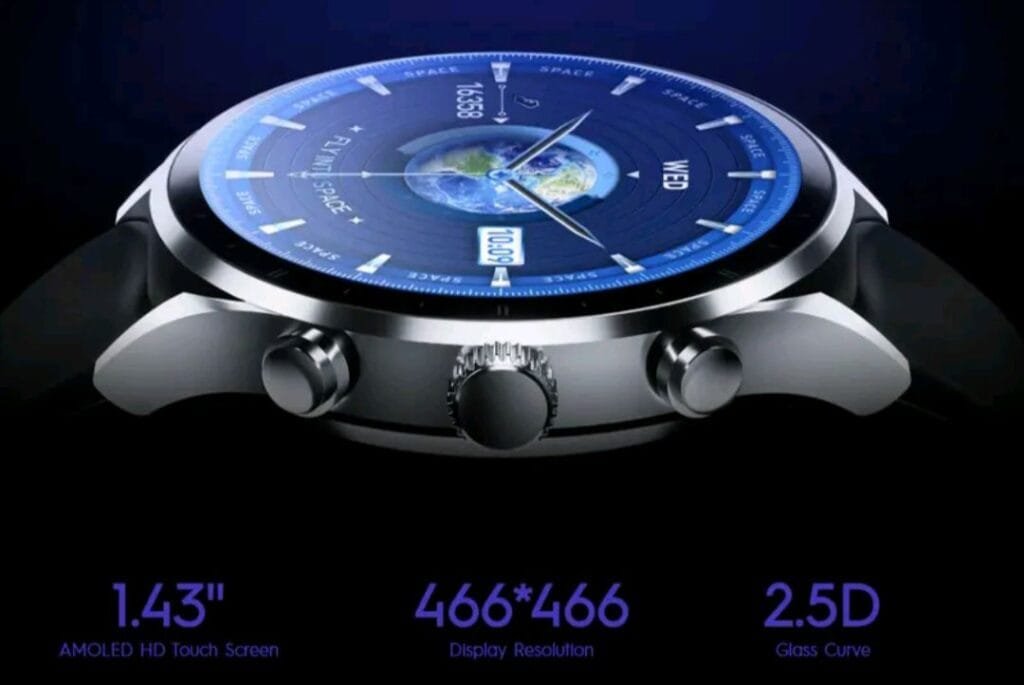 ‎A Tecno Watch Pro 2 with a blue watch face with a picture of the earth in the center. It has a silver metal frame, a black band, and two silver buttons on the side. The watch face also has the words "Fly into Space" at the top, the day of the week "WED" at the top right, the time "10:09" at the bottom, and the number "16368" at the top left. The watch is on a black background. The image also shows the specifications of the watch: 1.43" AMOLED HD Touch Screen, 466*466 Display Resolution, 2.5D Glass Curve.