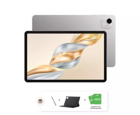 Honor Pad X9a Launched in Malaysia: 11.5″ 2.K IPS LCD, Snapdragon 685, and 8300mAh Battery A silver Honor Pad X9a tablet is displayed, angled slightly to show its slim profile. Beside it is its box. Below, bundled accessories are shown: a black keyboard case, a stylus, and two cards indicating a 3-month iQIYI VIP membership.