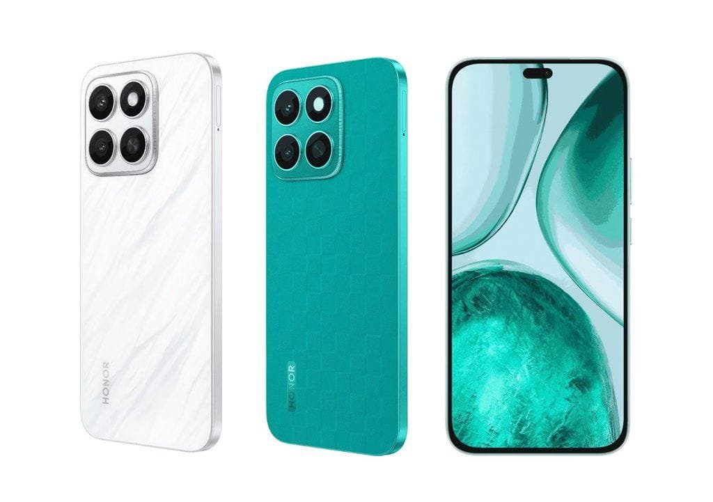 Honor X8c Launched in PH: 6.7″ AMOLED, SD 685, 108MP OIS, and 5,000mAh Battery Three views of the Honor X8c smartphone; a white model from the side, a teal model from the side, and a teal model showing the screen. The phone features a rectangular camera array on the back.