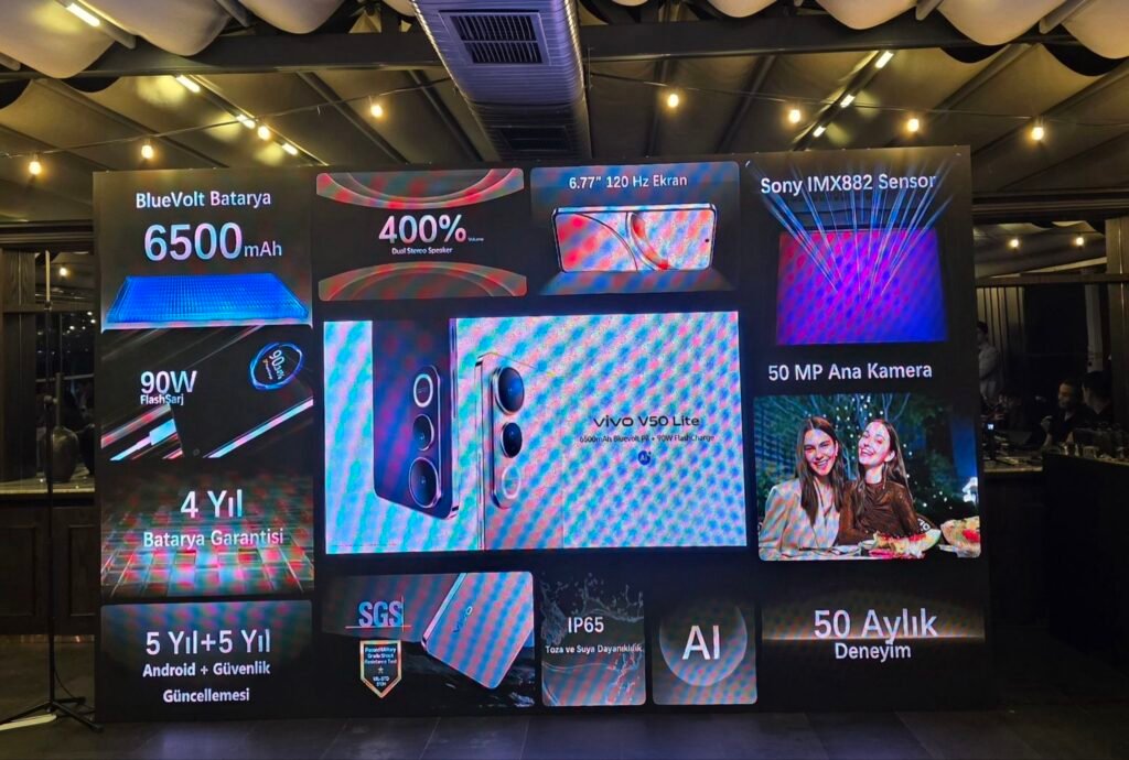 Vivo V50 Lite 5G Coming Soon to PH: Massive 6500mAh Bluevolt Battery w/ 90W Fast Charge 2 A promotional display showcasing the key features of the Vivo V50 Lite smartphone. The display includes details about its 6500mAh BlueVolt battery, 90W fast charging, 6.77" 120Hz display, 50MP main camera with Sony IMX882 sensor, IP65 rating, and AI capabilities. The text is in Turkish.
