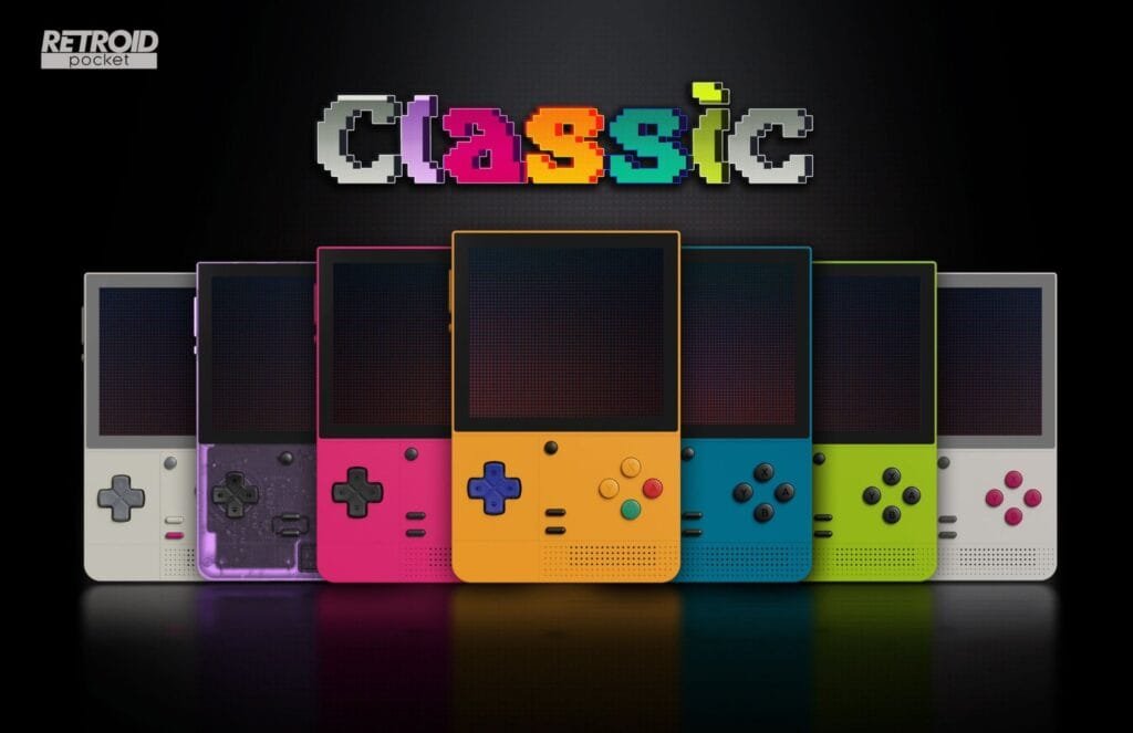 ‎A lineup of six Retro Pocket Classic handheld gaming consoles, each in a different bright color (white, purple, pink, orange, blue, and lime green), displayed against a black background. The word "Classic" is shown in a pixelated font above the consoles.