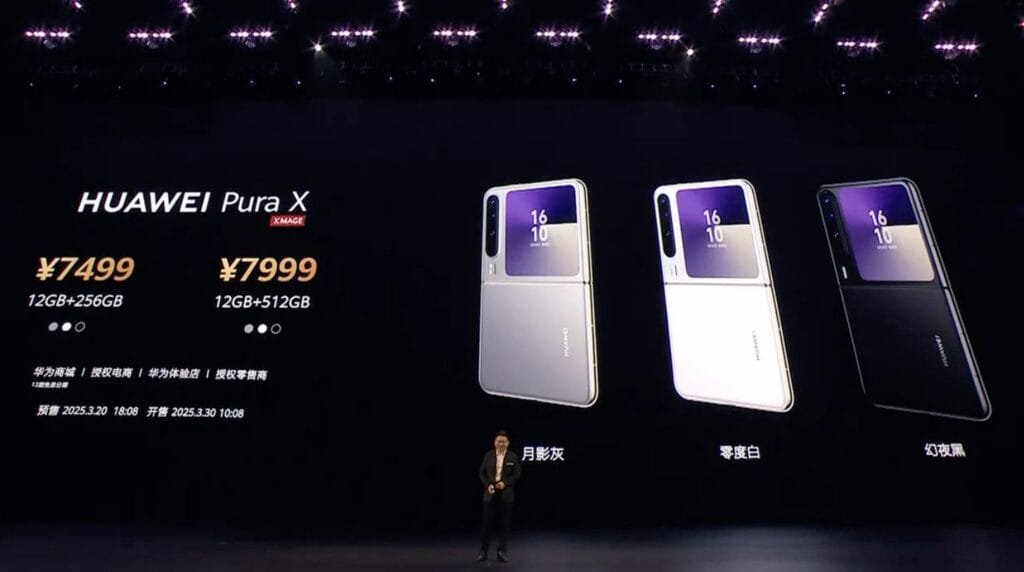 Huawei Pura X Clamshell Foldable Smartphone Launched in China 4 A presentation slide showing the Huawei Pura X foldable phone in three colors (silver, white, and black) with pricing and specifications.