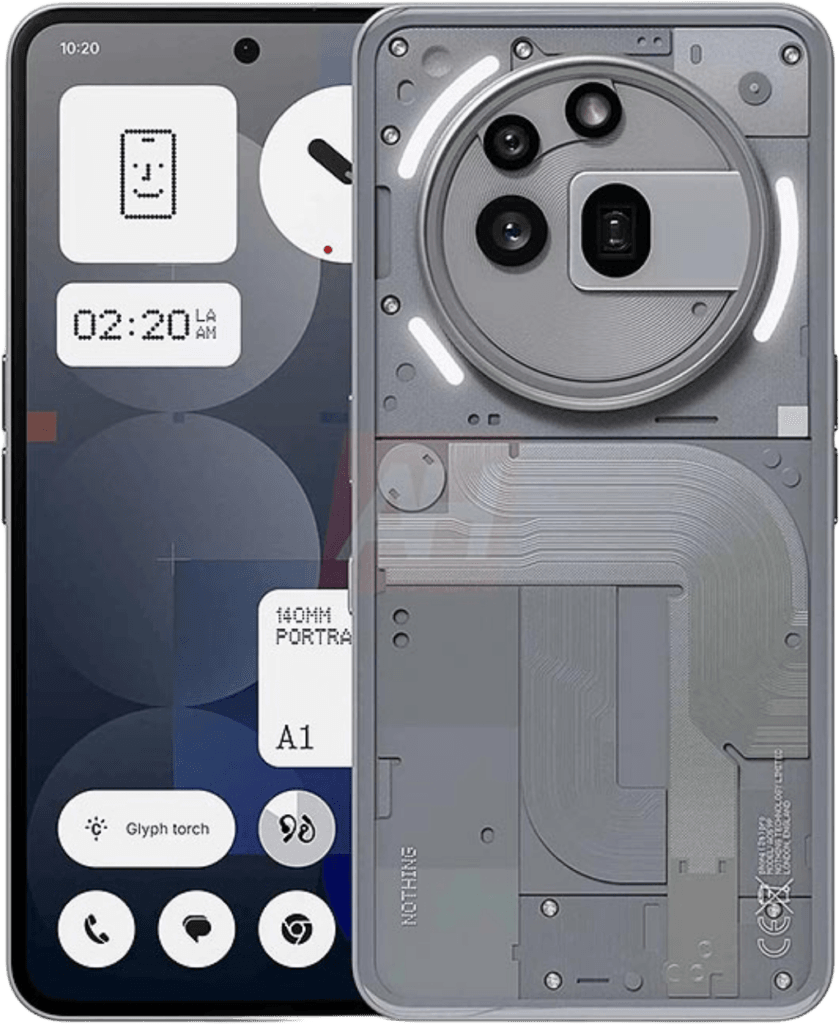 A front and back view of the Nothing Phone 3A Pro. The front displays a minimalist dark-grey interface showing the time as 02:20 AM, along with app icons. The back showcases a unique circular camera array with three lenses and a Glyph Interface, which includes illuminated LED lights. The phone's internal components are partially visible through a transparent back panel. The overall design is sleek and modern.