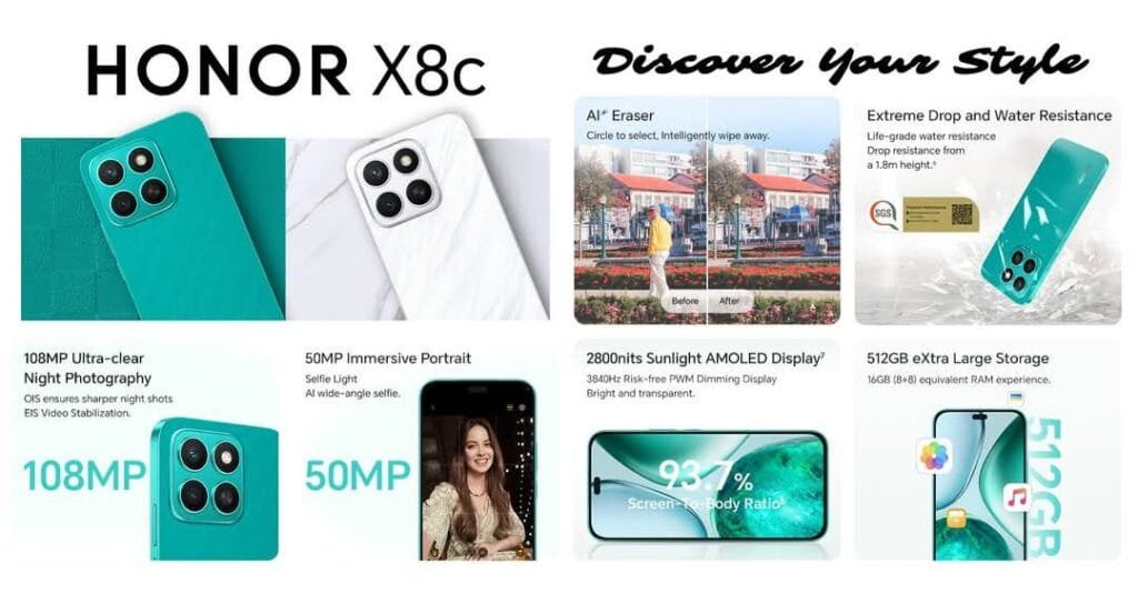 Honor X8c Launched in PH: 6.7" AMOLED, SD 685, 108MP OIS, and 5,000mAh Battery 2 A promotional image for the Honor X8c smartphone. The image highlights key features including a 108MP ultra-clear night photography camera, a 50MP immersive portrait selfie camera, a 2800nits sunlight AMOLED display with a 93.7% screen-to-body ratio, 512GB of extra-large storage, and AI eraser functionality. The phone is shown in teal and white color options. The image also shows a demonstration of the phone's water and drop resistance.