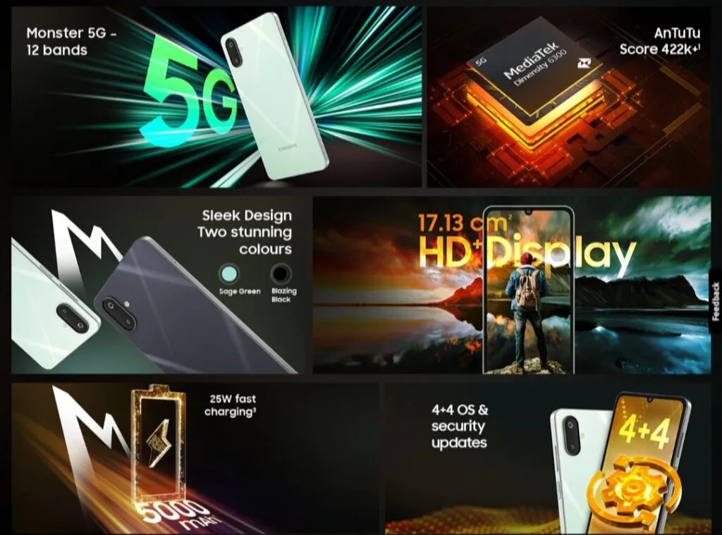 A collage highlights the Samsung Galaxy M06 5G's key features: its 5G capabilities with 12 bands, sleek design in sage green and blazing black, a large 17.13 cm HD+ display, MediaTek Dimensity 6300 processor with an AnTuTu score of 422k+, 25W fast charging and a 5000mAh battery, and 4+4 years of OS and security updates.