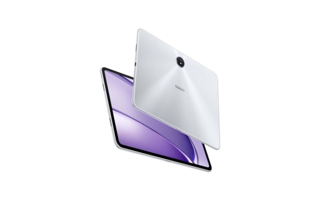 Oppo Pad 3 Matte Display Edition Now Official in Philippines A silver Oppo Pad 3 Matte Display Edition tablet is shown floating against a white background. The tablet is slightly angled, revealing both the front and back. The front displays a purplish-blue abstract design, while the back shows the Oppo logo.