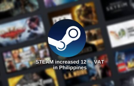 The Steam logo, a white controller on a blue circle, is superimposed on a blurred background showing numerous video game covers. Text below the logo reads: "STEAM increased 12% VAT in Philippines."