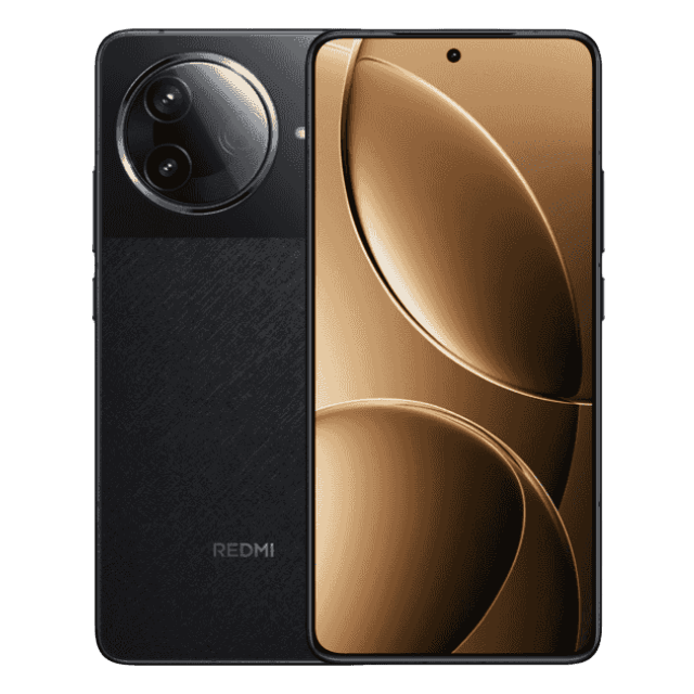 Poco F7 Pro 5G The Answer: A black Poco F7 Pro smartphone is shown with the camera lens view on the left side and the screen view on the right side. The screen is gold with a design of overlapping circles. The Redmi logo is on the back of the phone.
