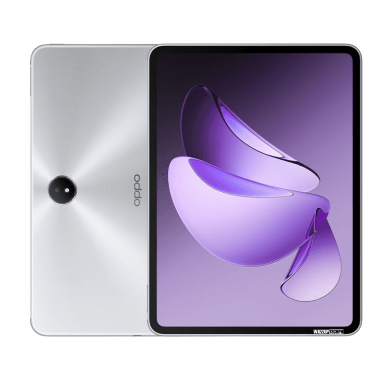 Top-down view of the silver Oppo Pad 3 Matte Display Edition tablet closed. The screen displays a stylish abstract design in shades of purple.