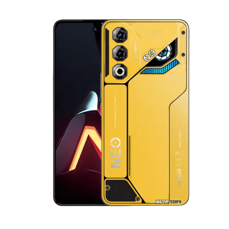 Nubia Neo 3 GT 5G A sleek yellow Nubia Neo 3 GT 5G smartphone is displayed, highlighting its distinctive rear camera module with three lenses, angular design elements, and the Nubia branding.