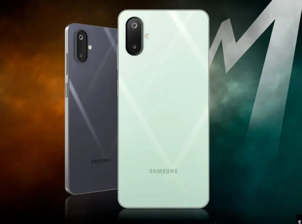 Two Samsung phones are shown from the back. The phone on the left is dark gray, and the phone on the right is light mint green. Both phones have a similar dual-lens camera module and the Samsung logo is visible on each.