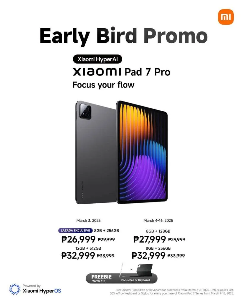 Advertisement for the Xiaomi Pad 7 Pro early bird promotion. The image shows the tablet and lists prices for different storage options (8GB+256GB and 12GB+512GB) for both an early bird period (March 3rd, 2025) and a later period (March 4th-16th, 2025). A free Xiaomi Focus Pen or Keyboard is included with purchases during the early bird period.