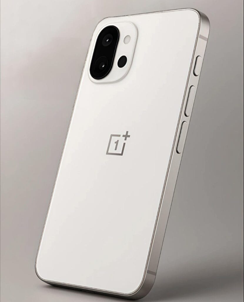 OnePlus 13T Launch Date: 6.3" 1.5K OLED Display and Powerful Snapdragon 8 Elite 3 A rendered image of the OnePlus 13T smartphone in white, showcasing its rear camera system and side buttons.
