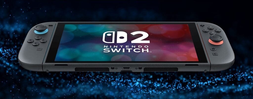Close-up view of the dark gray Nintendo Switch 2 handheld gaming console. The screen displays the Nintendo Switch logo and '02'. The console's controllers and buttons are visible.