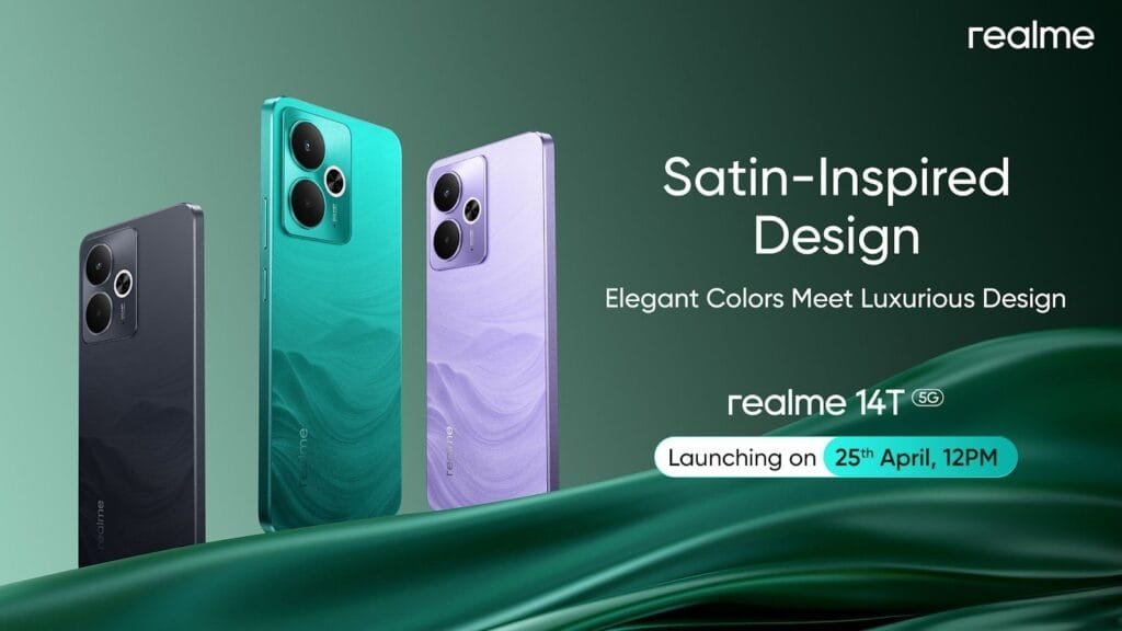 The Realme 14T 5G boasts a stunning Satin-Inspired design, available in elegant colors. Launching April 25th at 12 PM, it promises a luxurious feel and cutting-edge technology.