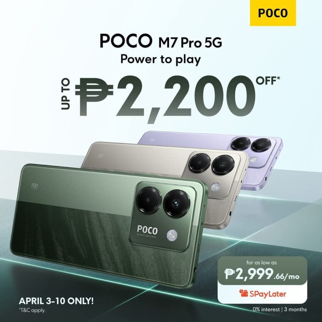 Promotional image for the Poco M7 Pro 5G smartphone. The image shows the phone in three colors (green, beige, and purple) with a prominent display of a discount of up to ₱2,200. Installment plan options are also shown.