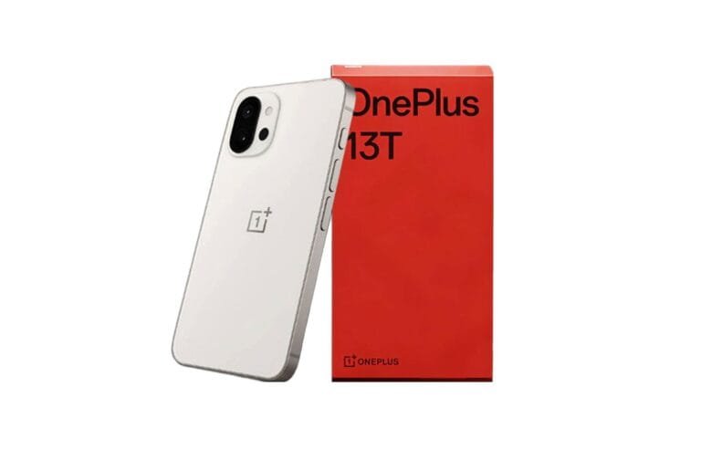 OnePlus 13T Launch Date: 6.3″ 1.5K OLED Display and Powerful Snapdragon 8 Elite A white OnePlus 13T smartphone is displayed alongside its signature red box. The phone's camera system is partially visible.