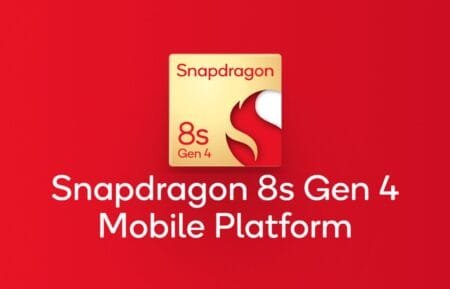 ‎A red background features a gold square with the text "Snapdragon" and "8s Gen 4". A stylized red flame is partially visible. Below the square, the text "Snapdragon 8s Gen 4 Mobile Platform" is displayed in white.