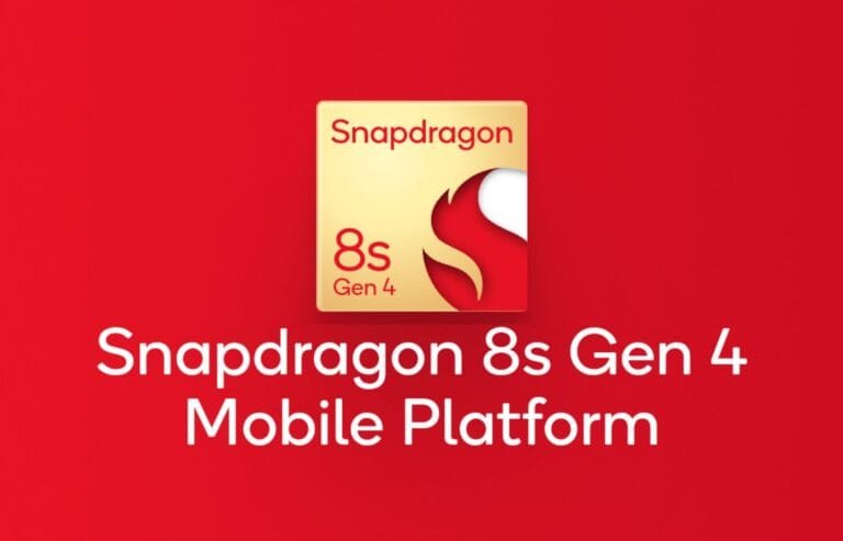 ‎A red background features a gold square with the text "Snapdragon" and "8s Gen 4". A stylized red flame is partially visible. Below the square, the text "Snapdragon 8s Gen 4 Mobile Platform" is displayed in white.