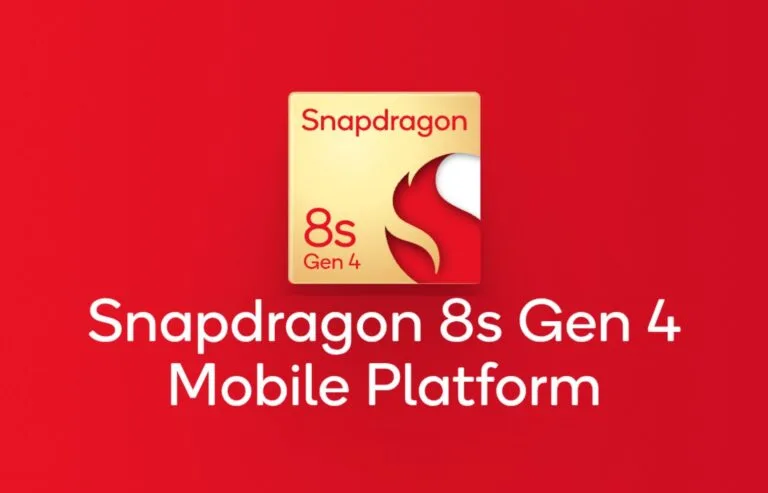 Snapdragon 8s Gen 4: 4nm Process & Kryo Cores with 49% Performance Improvement A red background features a gold square with the text "Snapdragon" and "8s Gen 4". A stylized red flame is partially visible. Below the square, the text "Snapdragon 8s Gen 4 Mobile Platform" is displayed in white.