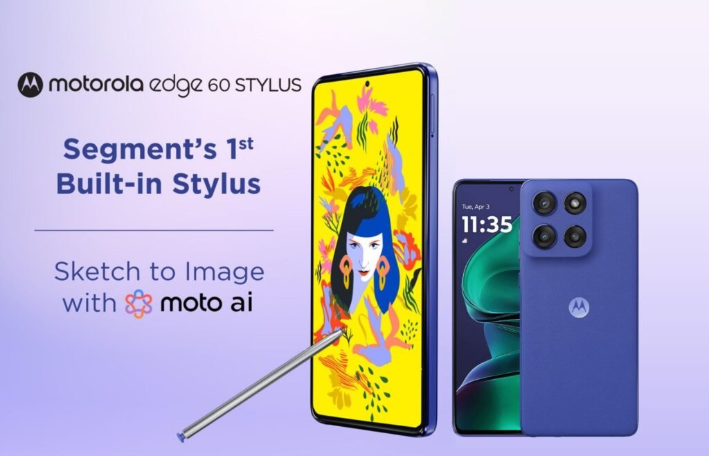 Motorola Edge 60 Stylus Debuts in India at ₹22,999 A promotional image for the Motorola Edge 60 Stylus smartphone. The image shows the phone in two colors, highlighting its built-in stylus and the "Sketch to Image with moto ai" feature.