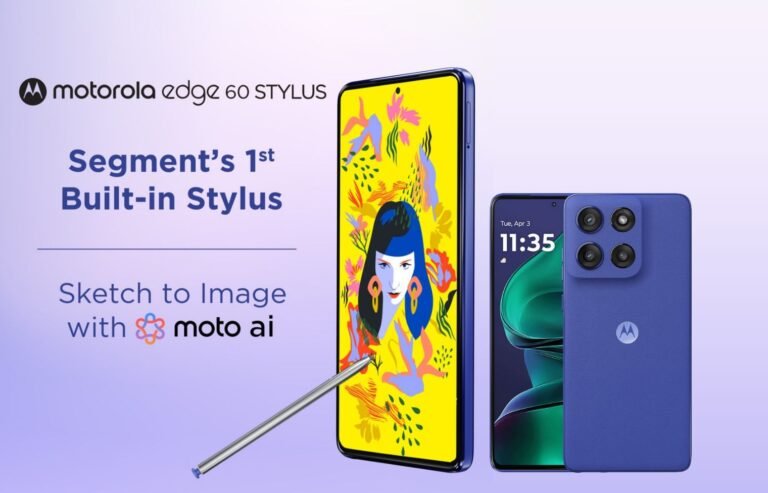 A promotional image for the Motorola Edge 60 Stylus smartphone. The image shows the phone in two colors, highlighting its built-in stylus and the "Sketch to Image with moto ai" feature.