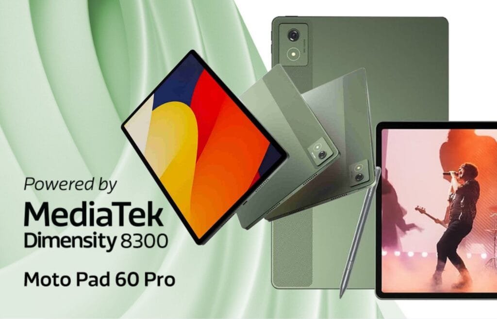 Moto Pad 60 Pro Debuts in India: 12.7″ 3K Display, Dimensity 8300, and 10,200mAh Battery The Motorola Moto Pad 60 Pro tablet shown in Pantone Bronze Green. The image highlights the tablet's sleek design and its powerful MediaTek Dimensity 8300 processor. A stylus is also shown.